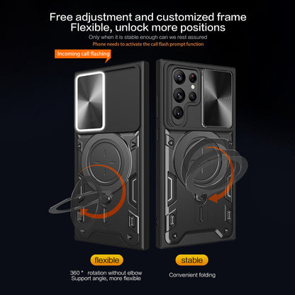 For Samsung Galaxy S22 Ultra 5G Rotatable Kickstand Phone Case Shockproof PC+TPU Cover with Slide Camera Lid