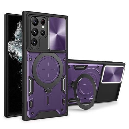 For Samsung Galaxy S22 Ultra 5G Rotatable Kickstand Phone Case Shockproof PC+TPU Cover with Slide Camera Lid