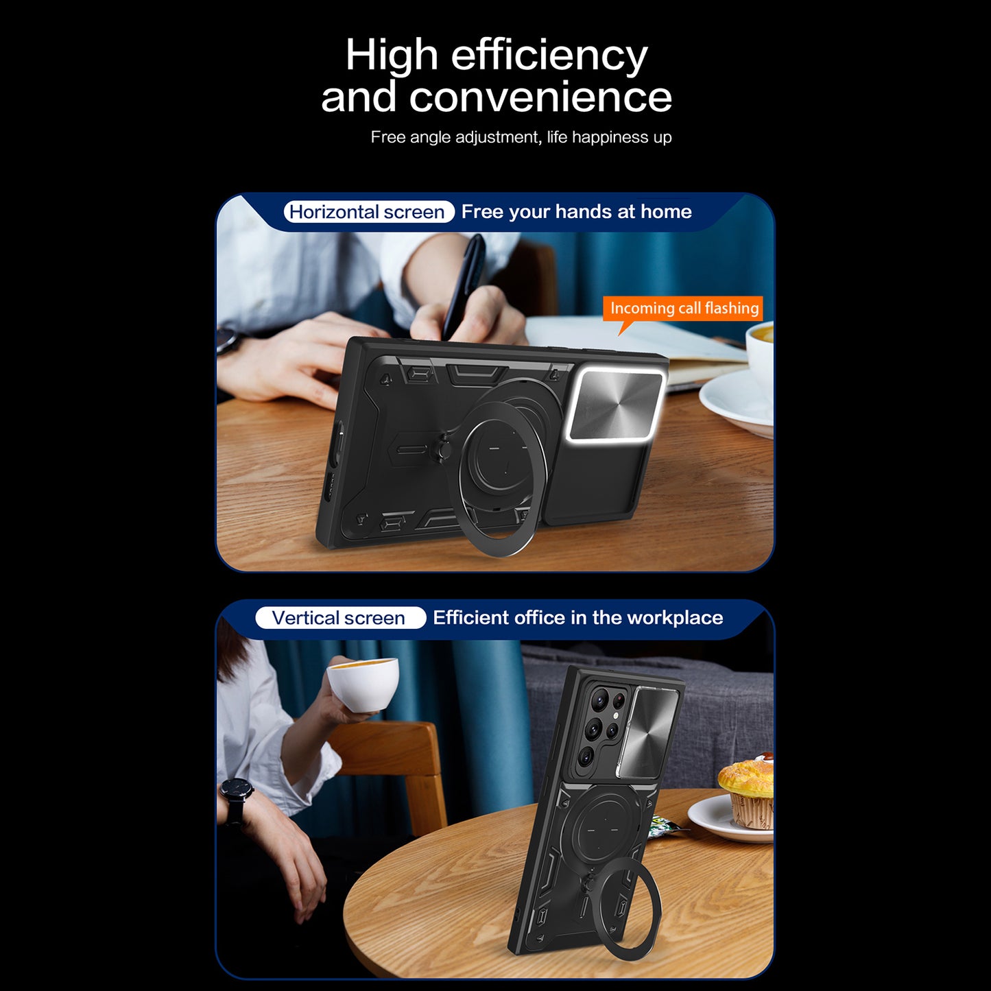 For Samsung Galaxy S22 Ultra 5G Rotatable Kickstand Phone Case Shockproof PC+TPU Cover with Slide Camera Lid