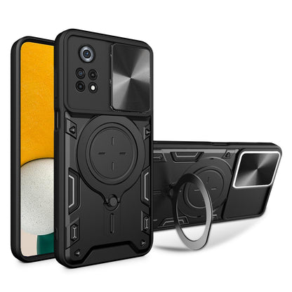 For Xiaomi Poco X4 Pro 5G Slide Camera Guard Phone Case Shockproof PC+TPU Cover with Rotating Kickstand