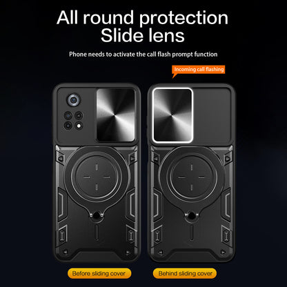 For Xiaomi Poco X4 Pro 5G Slide Camera Guard Phone Case Shockproof PC+TPU Cover with Rotating Kickstand