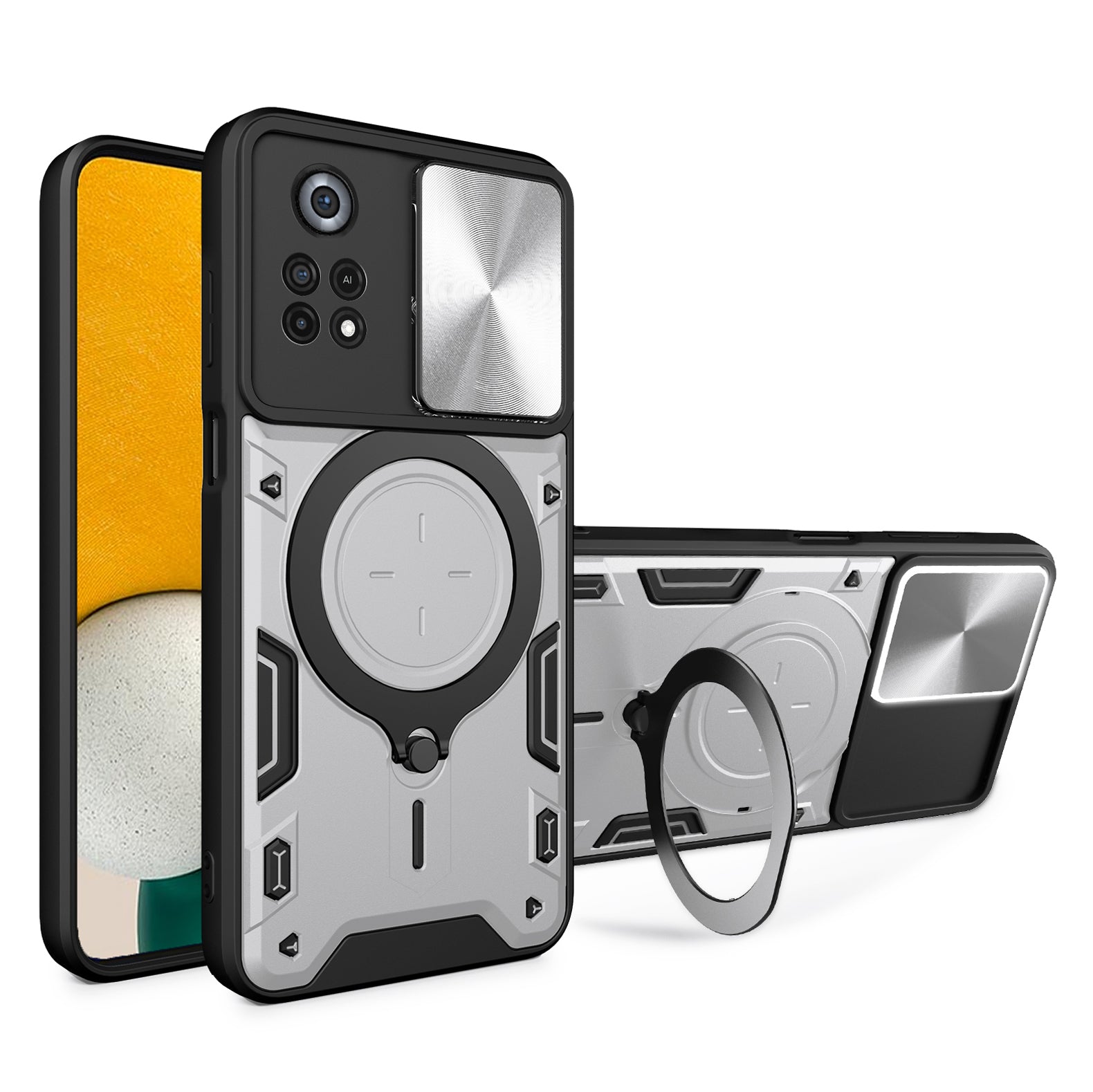 For Xiaomi Poco X4 Pro 5G Slide Camera Guard Phone Case Shockproof PC+TPU Cover with Rotating Kickstand