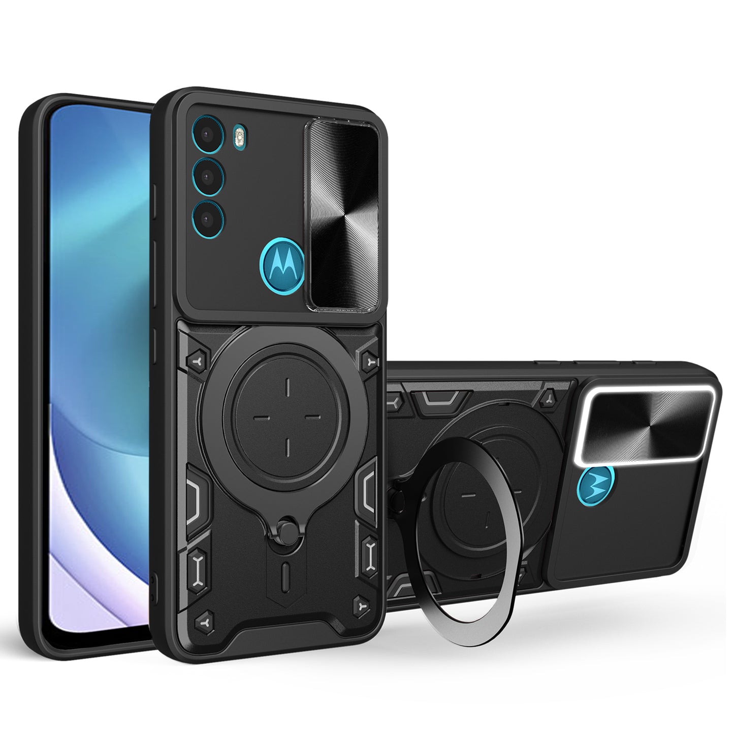 For Motorola Moto G71 5G Free Rotation Kickstand Phone Case Slide Camera Lid PC+TPU Back Cover