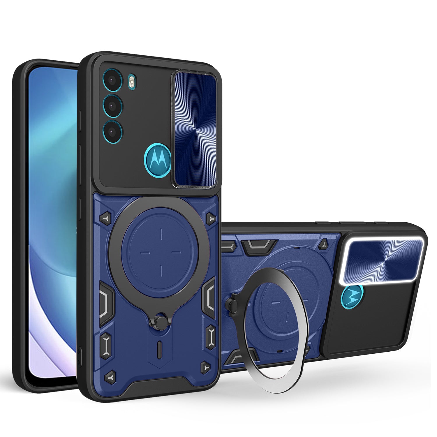 For Motorola Moto G71 5G Free Rotation Kickstand Phone Case Slide Camera Lid PC+TPU Back Cover