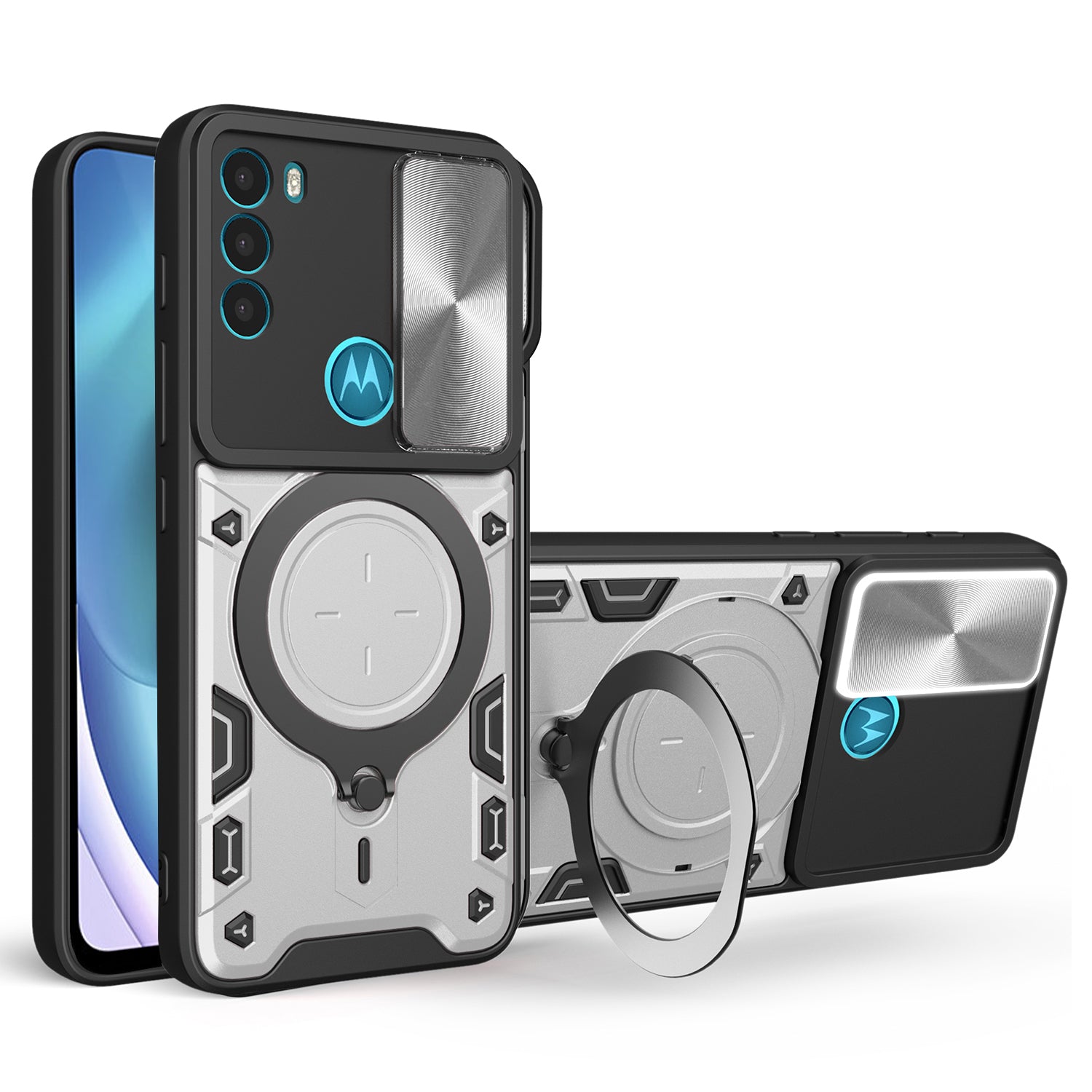 For Motorola Moto G71 5G Free Rotation Kickstand Phone Case Slide Camera Lid PC+TPU Back Cover