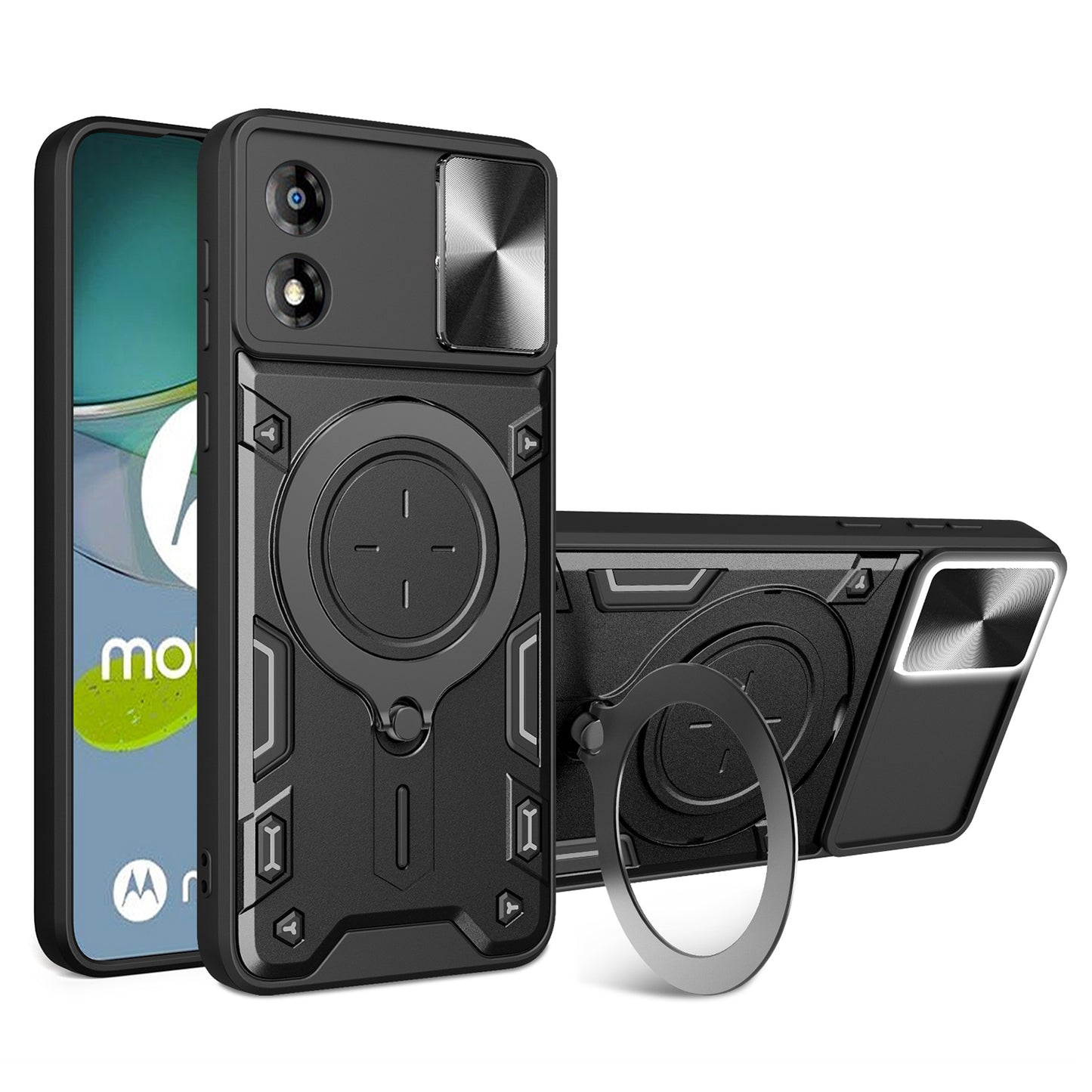 For Motorola Moto E13 4G Slide Camera Lid Smartphone Case Rotating Kickstand PC+TPU Cover