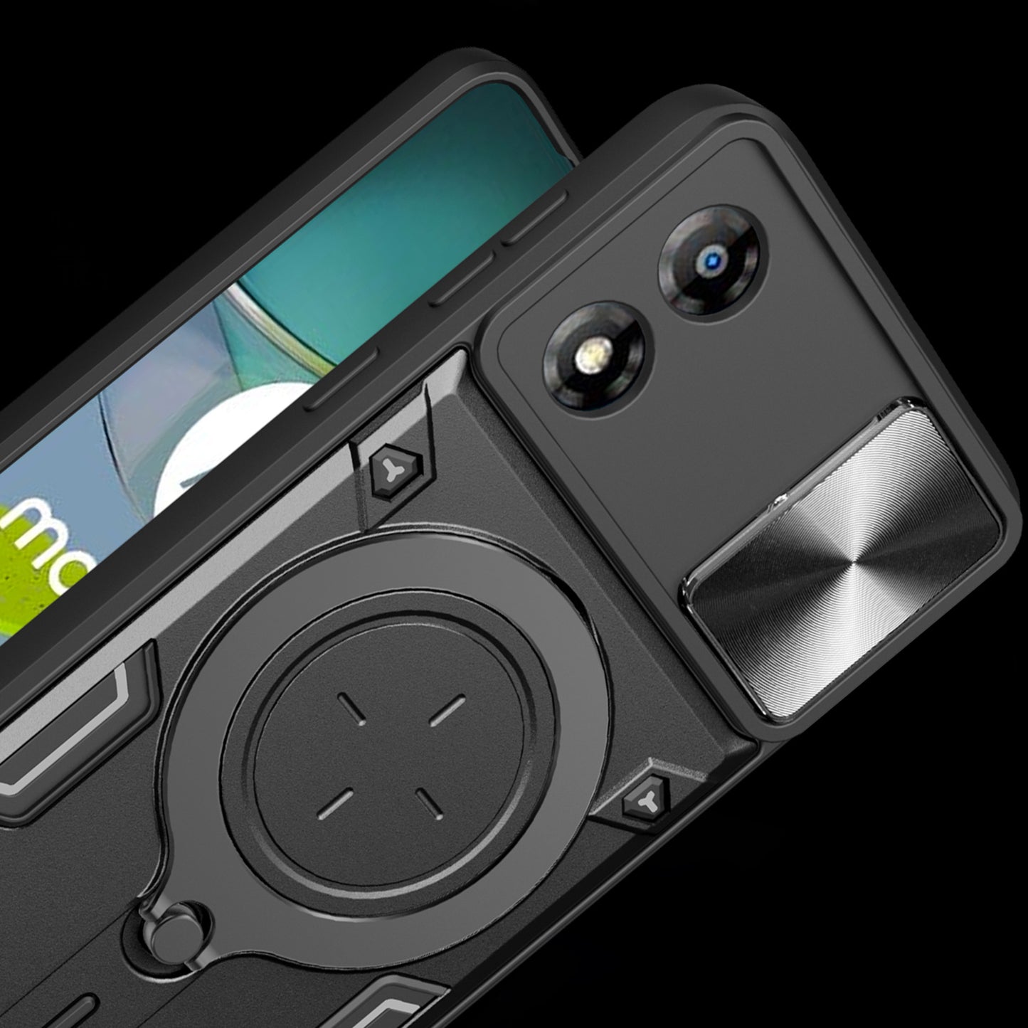 For Motorola Moto E13 4G Slide Camera Lid Smartphone Case Rotating Kickstand PC+TPU Cover