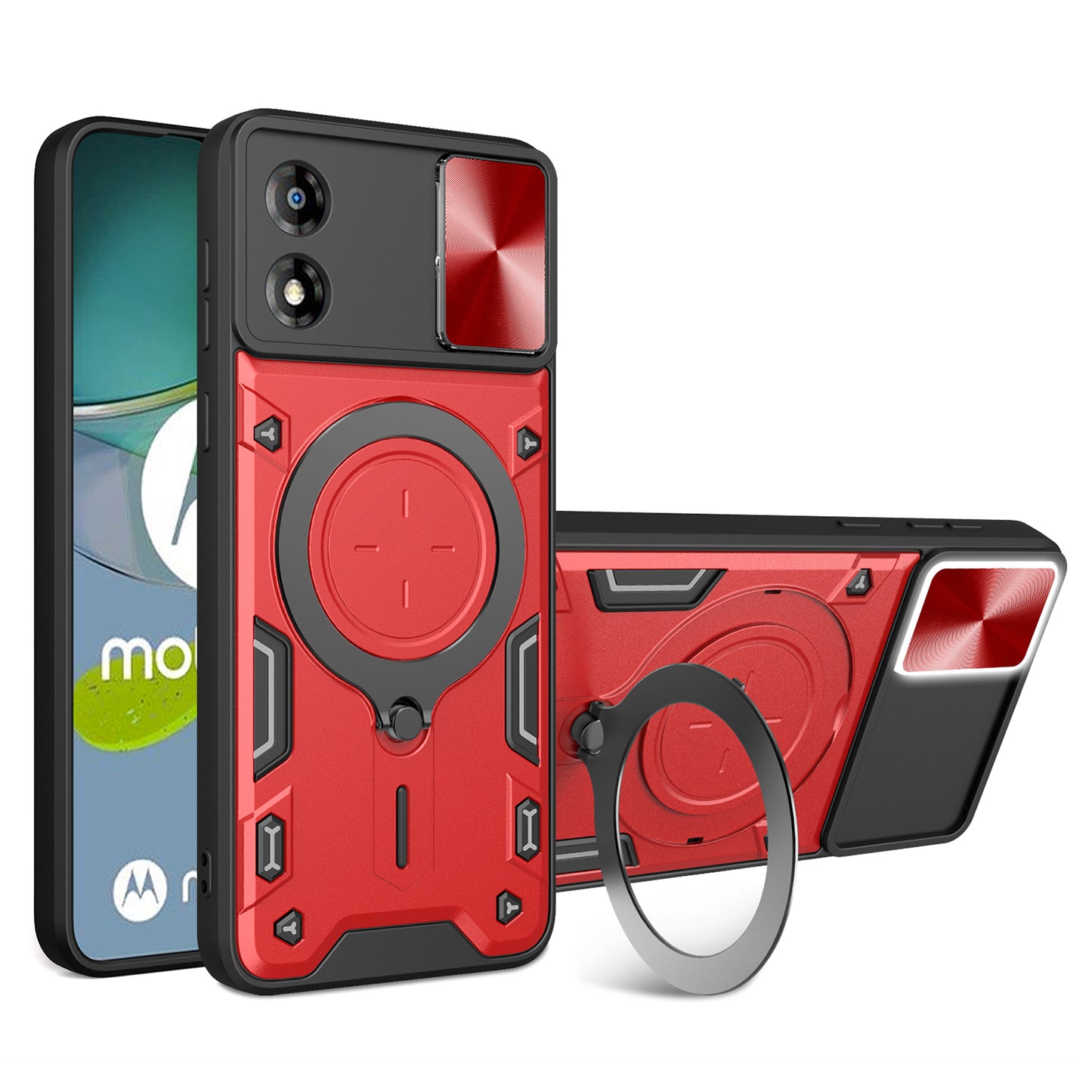 For Motorola Moto E13 4G Slide Camera Lid Smartphone Case Rotating Kickstand PC+TPU Cover