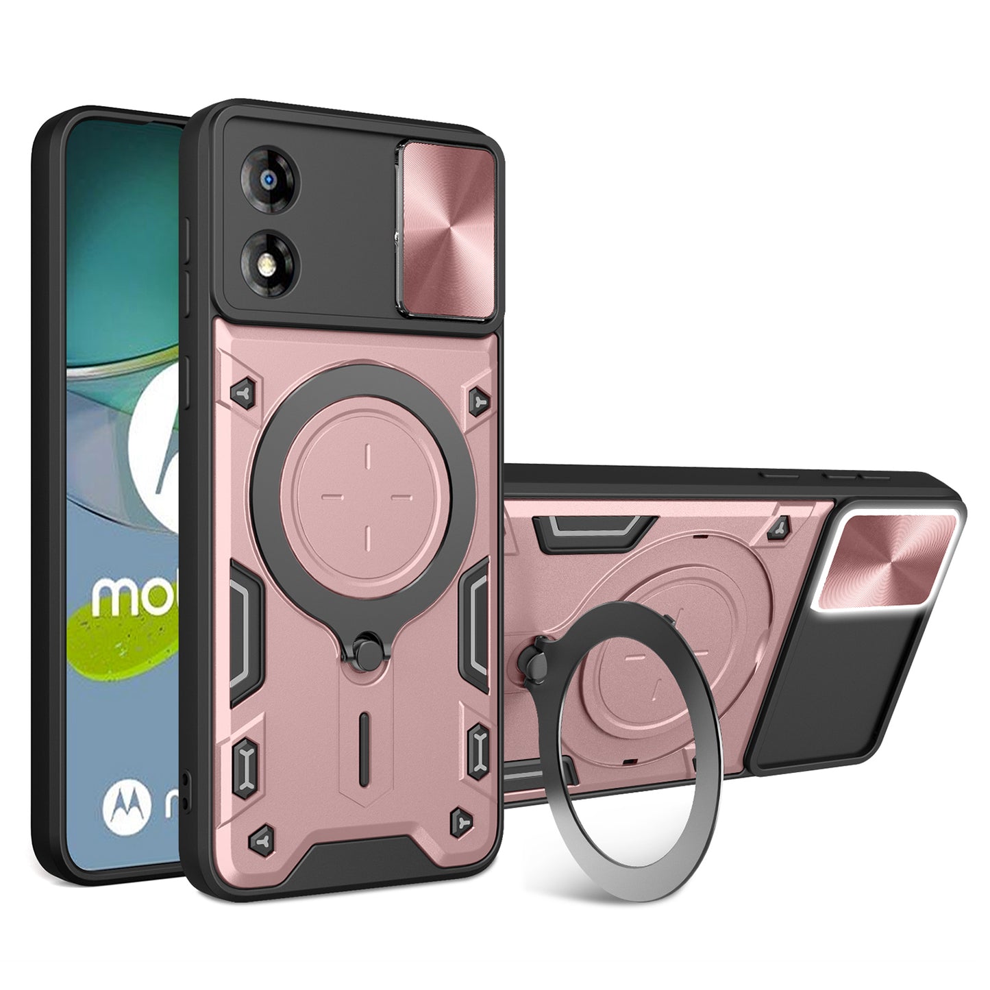 For Motorola Moto E13 4G Slide Camera Lid Smartphone Case Rotating Kickstand PC+TPU Cover