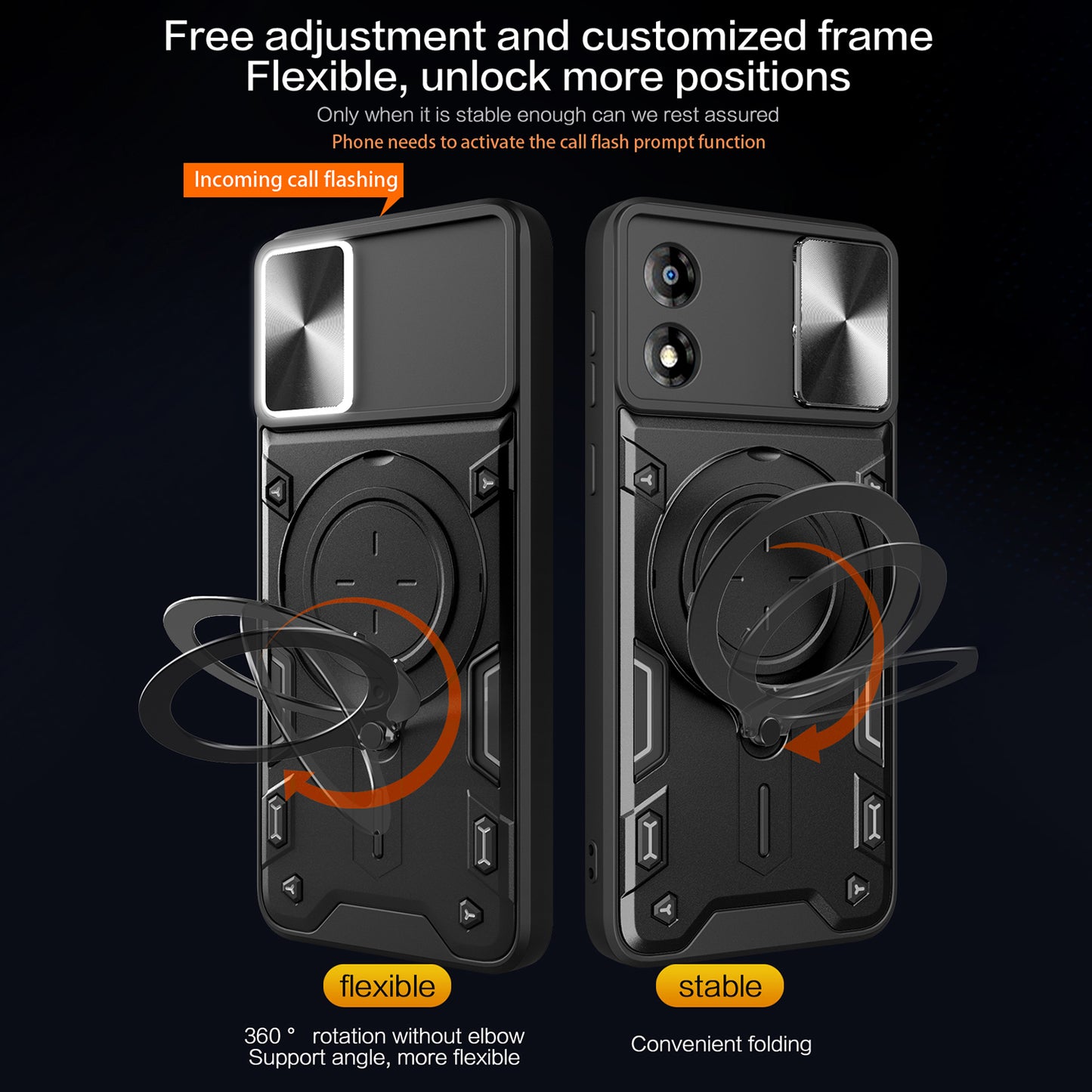 For Motorola Moto E13 4G Slide Camera Lid Smartphone Case Rotating Kickstand PC+TPU Cover