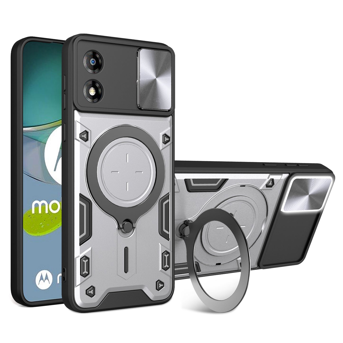 For Motorola Moto E13 4G Slide Camera Lid Smartphone Case Rotating Kickstand PC+TPU Cover