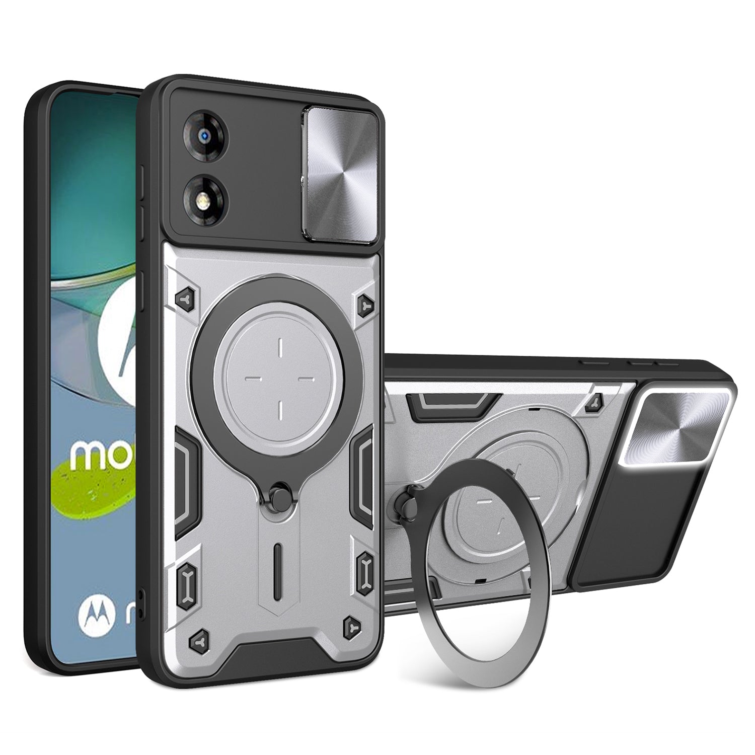 For Motorola Moto E13 4G Slide Camera Lid Smartphone Case Rotating Kickstand PC+TPU Cover