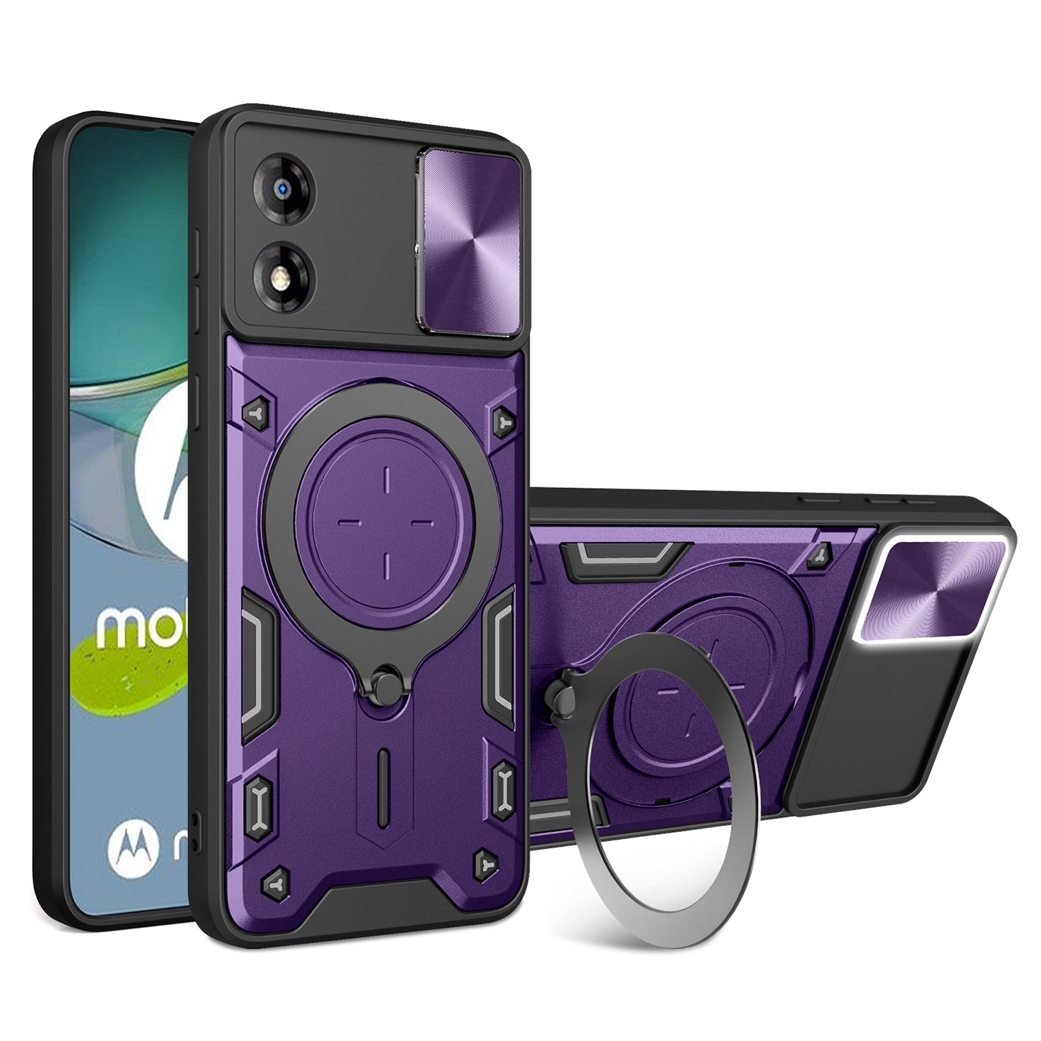 For Motorola Moto E13 4G Slide Camera Lid Smartphone Case Rotating Kickstand PC+TPU Cover