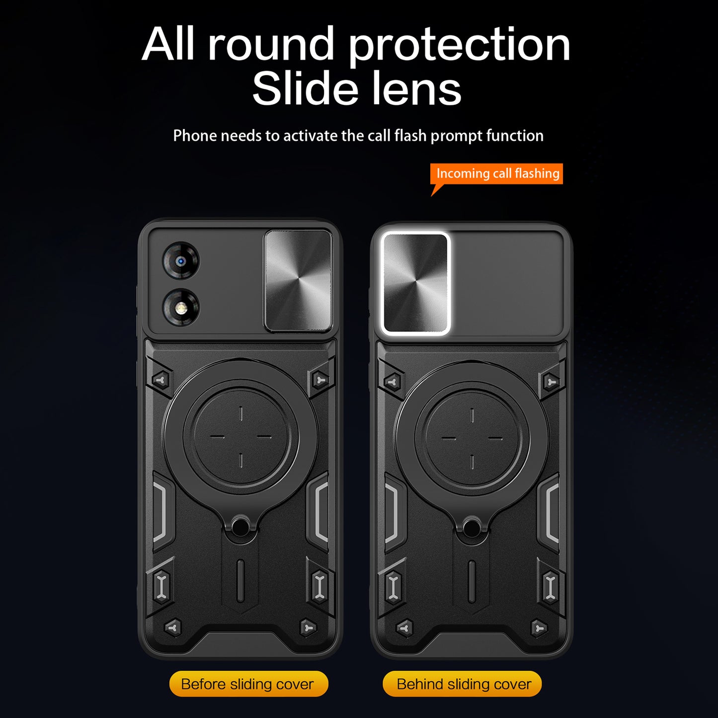 For Motorola Moto E13 4G Slide Camera Lid Smartphone Case Rotating Kickstand PC+TPU Cover