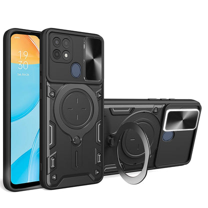 For Oppo A15 / A15s / A35 Slide Camera Guard Phone Case Rotating Kickstand PC+TPU Cover