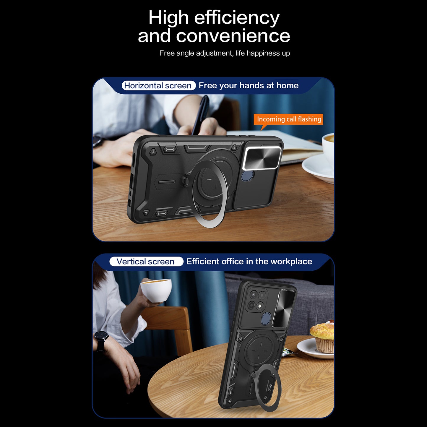 For Oppo A15 / A15s / A35 Slide Camera Guard Phone Case Rotating Kickstand PC+TPU Cover