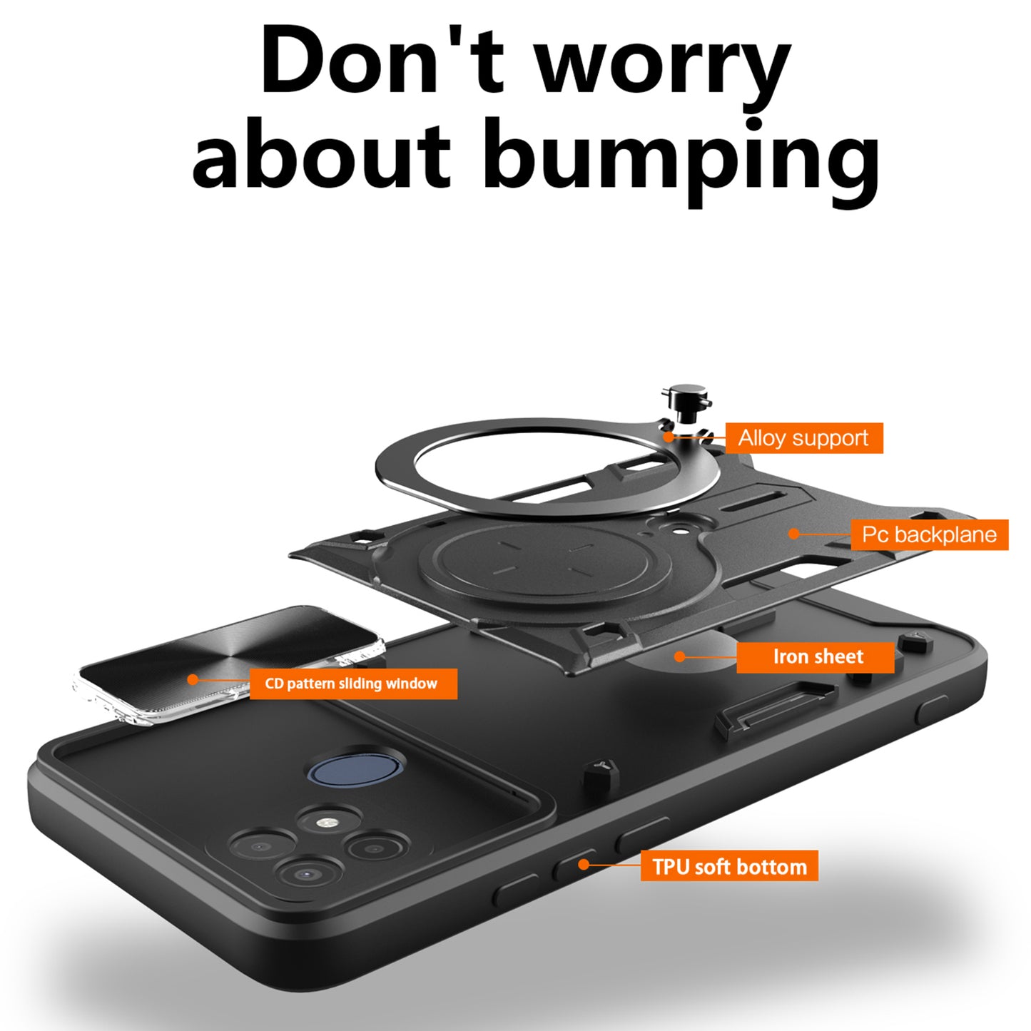 For Oppo A15 / A15s / A35 Slide Camera Guard Phone Case Rotating Kickstand PC+TPU Cover