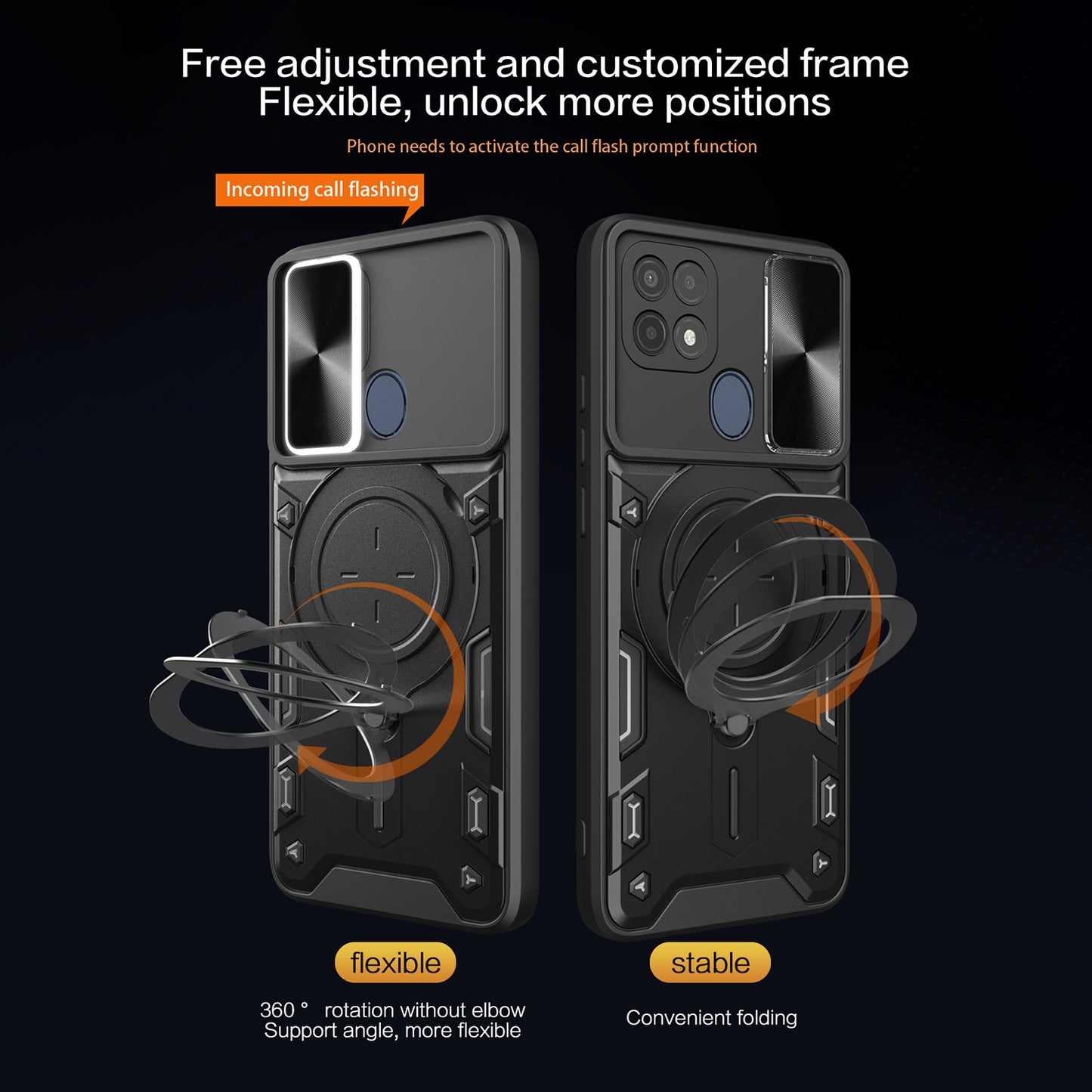 For Oppo A15 / A15s / A35 Slide Camera Guard Phone Case Rotating Kickstand PC+TPU Cover