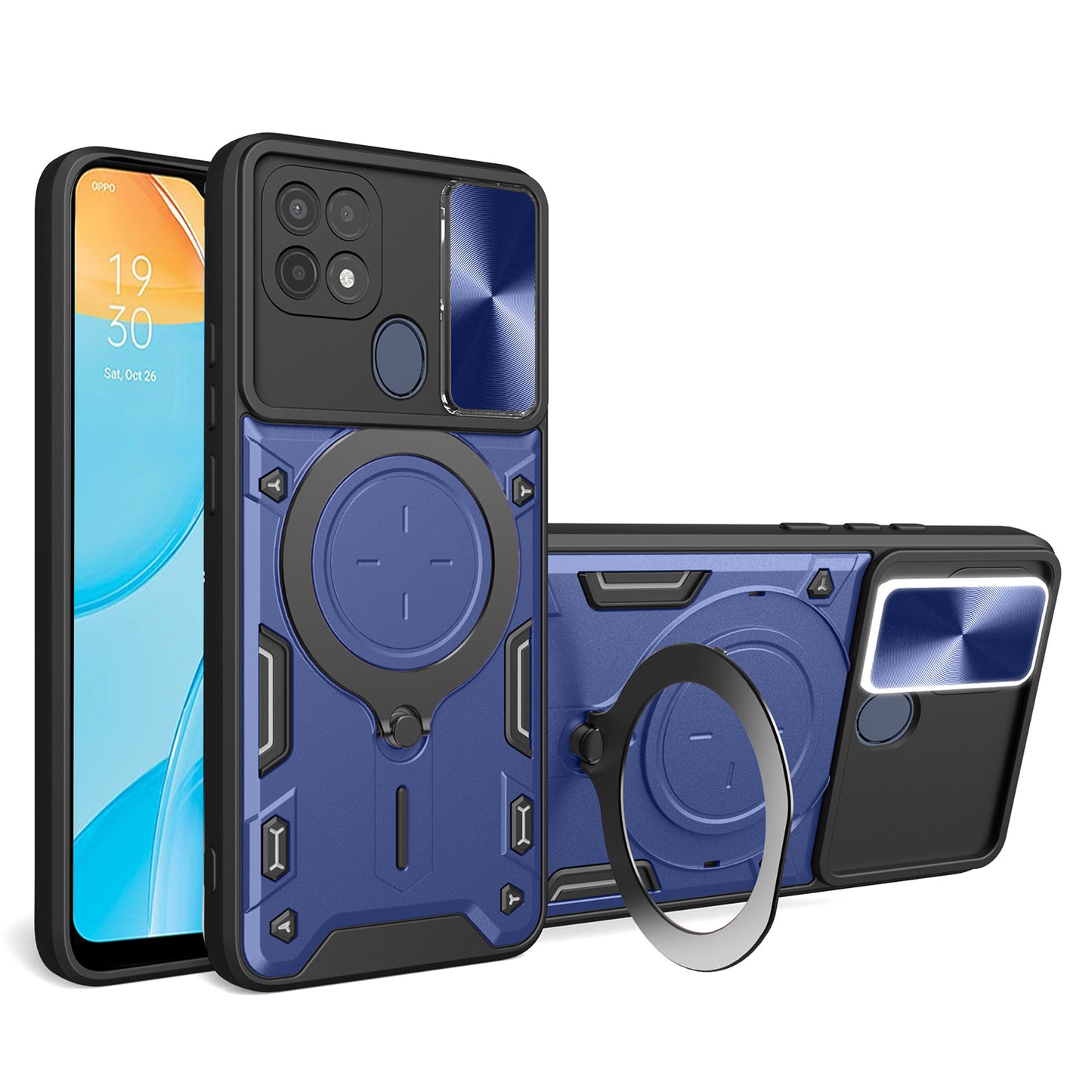 For Oppo A15 / A15s / A35 Slide Camera Guard Phone Case Rotating Kickstand PC+TPU Cover