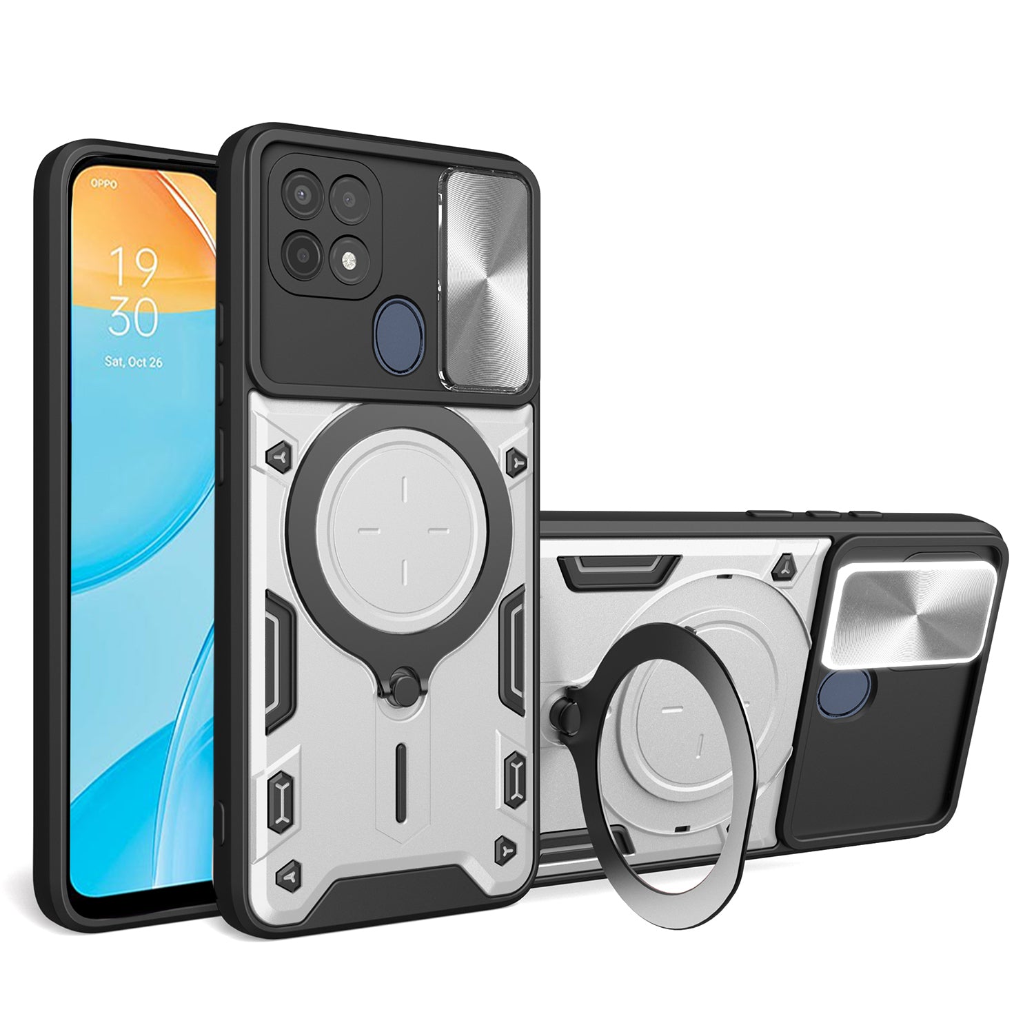 For Oppo A15 / A15s / A35 Slide Camera Guard Phone Case Rotating Kickstand PC+TPU Cover