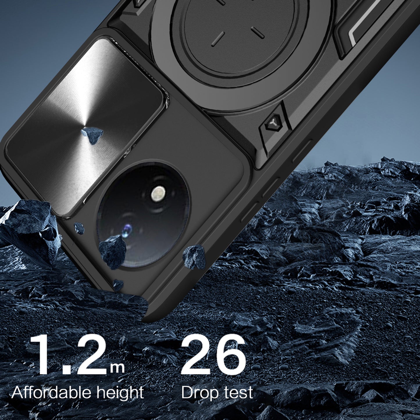 For vivo Y02 4G Rotatable Kickstand Slide Camera Lid Cover PC+TPU Shockproof Phone Case