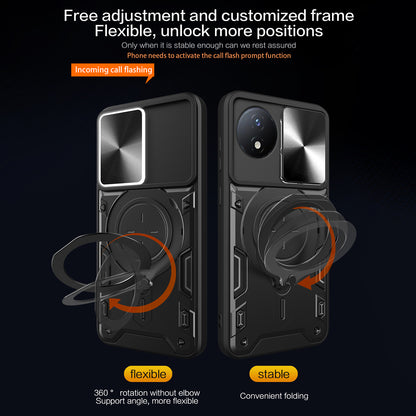For vivo Y02 4G Rotatable Kickstand Slide Camera Lid Cover PC+TPU Shockproof Phone Case