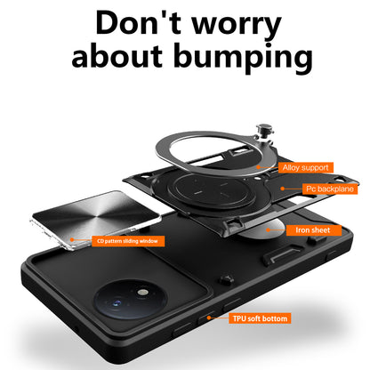 For vivo Y02 4G Rotatable Kickstand Slide Camera Lid Cover PC+TPU Shockproof Phone Case