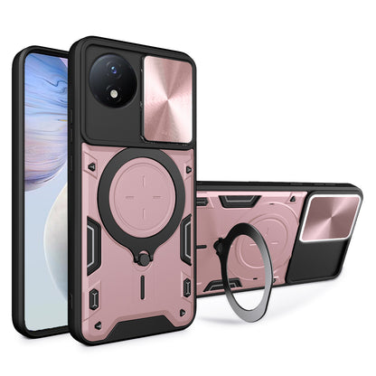 For vivo Y02 4G Rotatable Kickstand Slide Camera Lid Cover PC+TPU Shockproof Phone Case