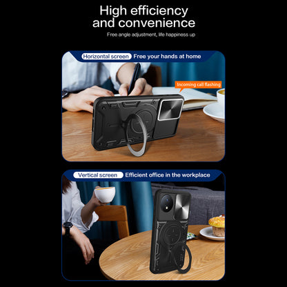 For vivo Y02 4G Rotatable Kickstand Slide Camera Lid Cover PC+TPU Shockproof Phone Case