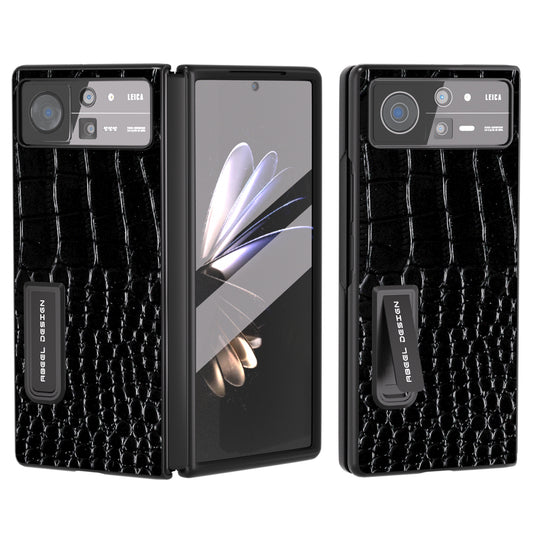 ABEEL For Xiaomi Mix Fold 2 5G Crocodile Texture Phone Case Kickstand Genuine Cow Leather+PC Cover with Tempered Glass Film