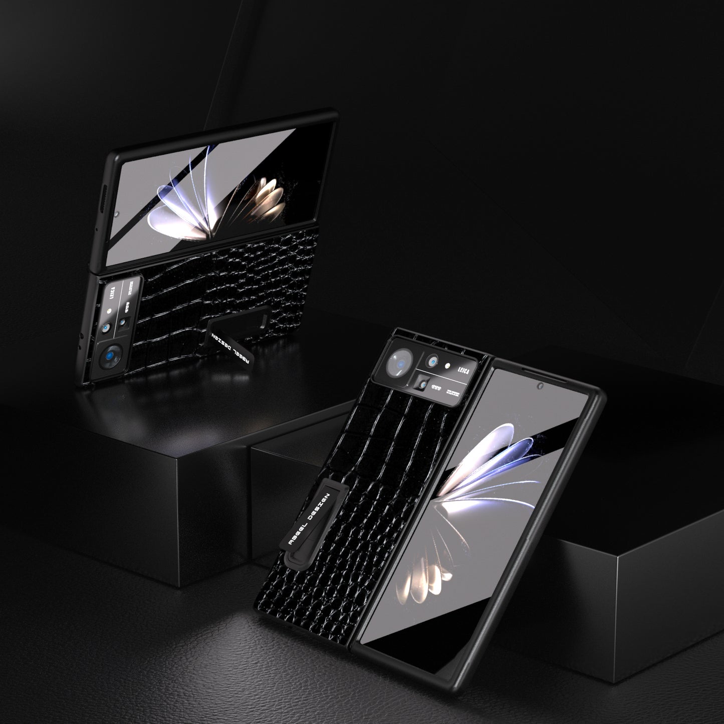 ABEEL For Xiaomi Mix Fold 2 5G Crocodile Texture Phone Case Kickstand Genuine Cow Leather+PC Cover with Tempered Glass Film