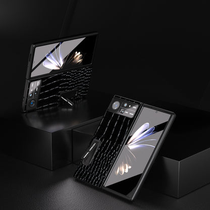 ABEEL For Xiaomi Mix Fold 2 5G Crocodile Texture Phone Case Kickstand Genuine Cow Leather+PC Cover with Tempered Glass Film