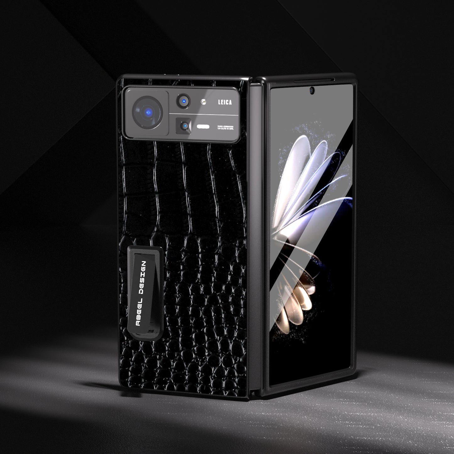 ABEEL For Xiaomi Mix Fold 2 5G Crocodile Texture Phone Case Kickstand Genuine Cow Leather+PC Cover with Tempered Glass Film