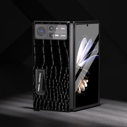 ABEEL For Xiaomi Mix Fold 2 5G Crocodile Texture Phone Case Kickstand Genuine Cow Leather+PC Cover with Tempered Glass Film