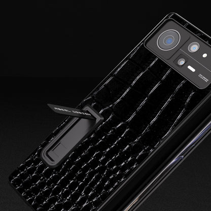 ABEEL For Xiaomi Mix Fold 2 5G Crocodile Texture Phone Case Kickstand Genuine Cow Leather+PC Cover with Tempered Glass Film