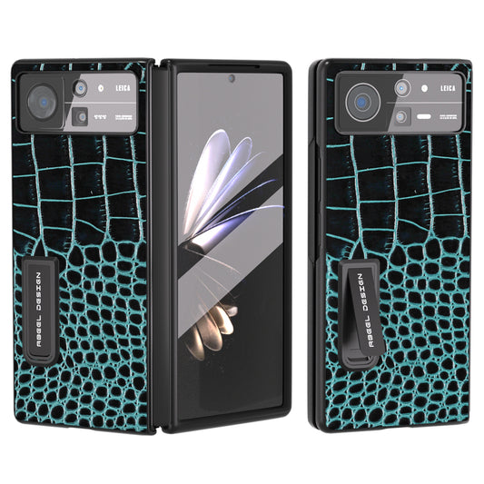 ABEEL For Xiaomi Mix Fold 2 5G Crocodile Texture Phone Case Kickstand Genuine Cow Leather+PC Cover with Tempered Glass Film