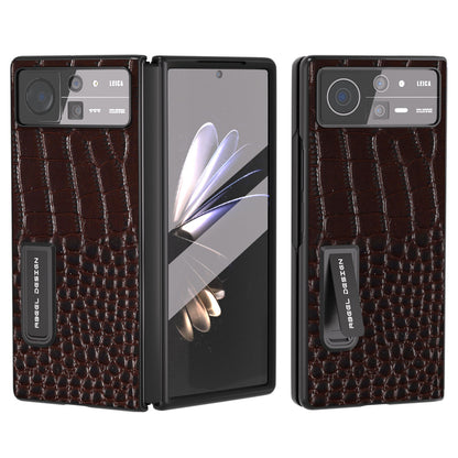 ABEEL For Xiaomi Mix Fold 2 5G Crocodile Texture Phone Case Kickstand Genuine Cow Leather+PC Cover with Tempered Glass Film