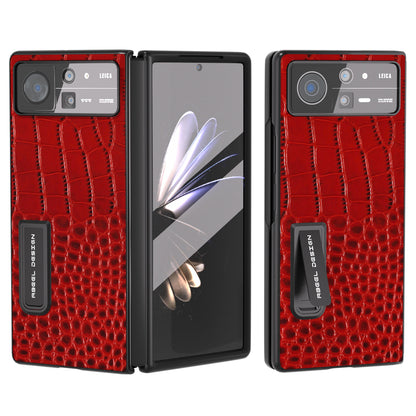 ABEEL For Xiaomi Mix Fold 2 5G Crocodile Texture Phone Case Kickstand Genuine Cow Leather+PC Cover with Tempered Glass Film