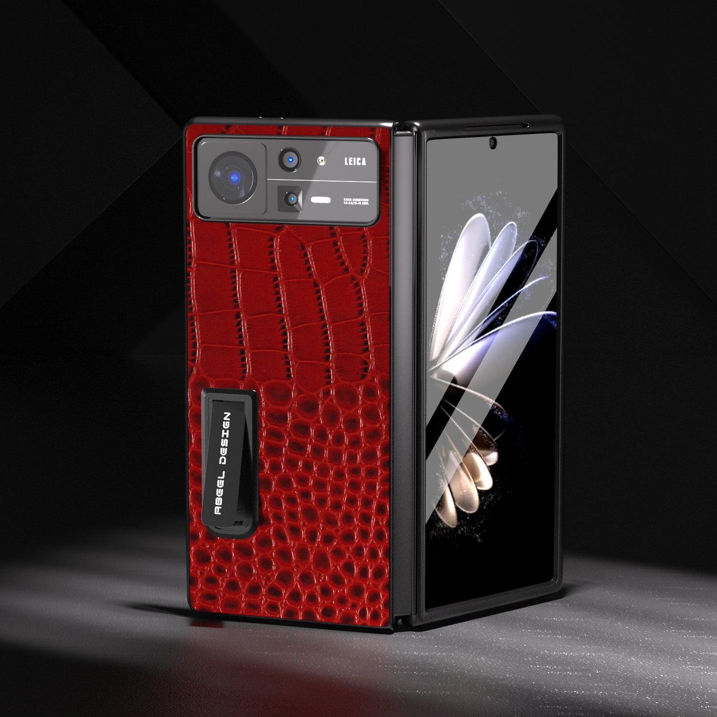 ABEEL For Xiaomi Mix Fold 2 5G Crocodile Texture Phone Case Kickstand Genuine Cow Leather+PC Cover with Tempered Glass Film