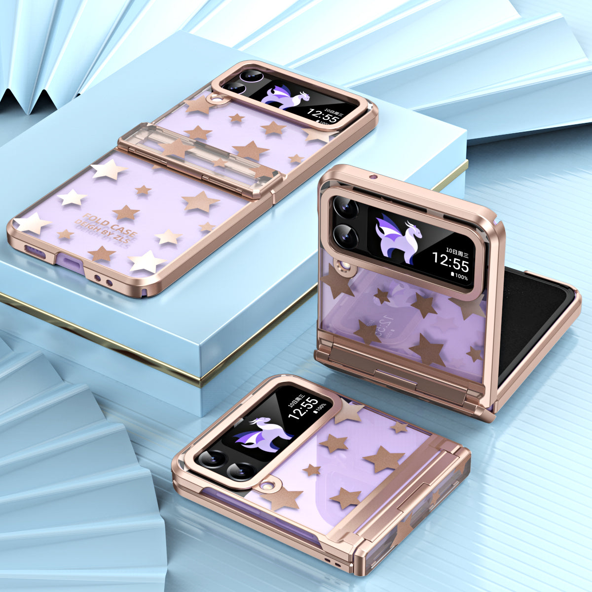 For Samsung Galaxy Z Flip4 5G Hinge Protection Hard PC Phone Case Stars Pattern Electroplating Cover