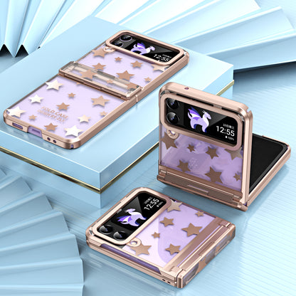 For Samsung Galaxy Z Flip4 5G Hinge Protection Hard PC Phone Case Stars Pattern Electroplating Cover