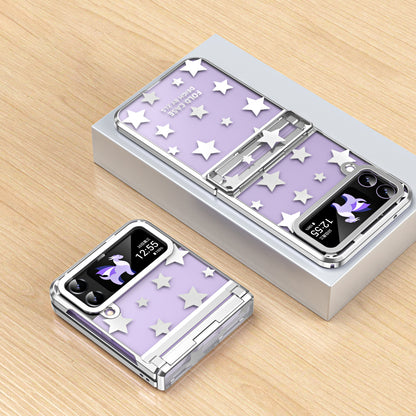 For Samsung Galaxy Z Flip4 5G Hinge Protection Hard PC Phone Case Stars Pattern Electroplating Cover