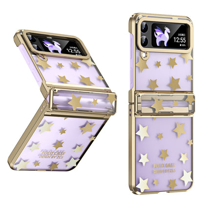 For Samsung Galaxy Z Flip4 5G Hinge Protection Hard PC Phone Case Stars Pattern Electroplating Cover