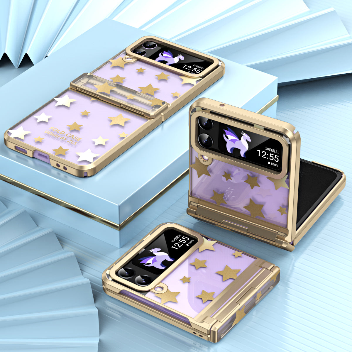 For Samsung Galaxy Z Flip4 5G Hinge Protection Hard PC Phone Case Stars Pattern Electroplating Cover