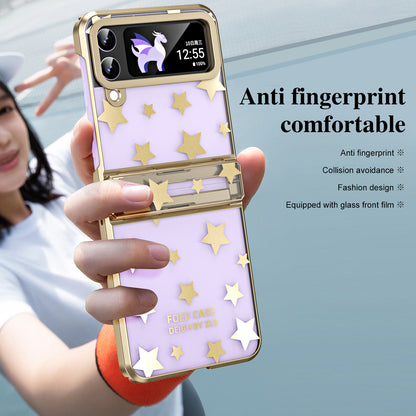 For Samsung Galaxy Z Flip4 5G Hinge Protection Hard PC Phone Case Stars Pattern Electroplating Cover