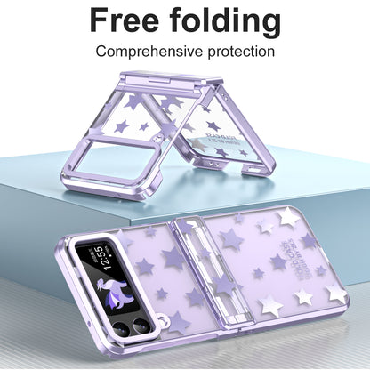 For Samsung Galaxy Z Flip4 5G Hinge Protection Hard PC Phone Case Stars Pattern Electroplating Cover
