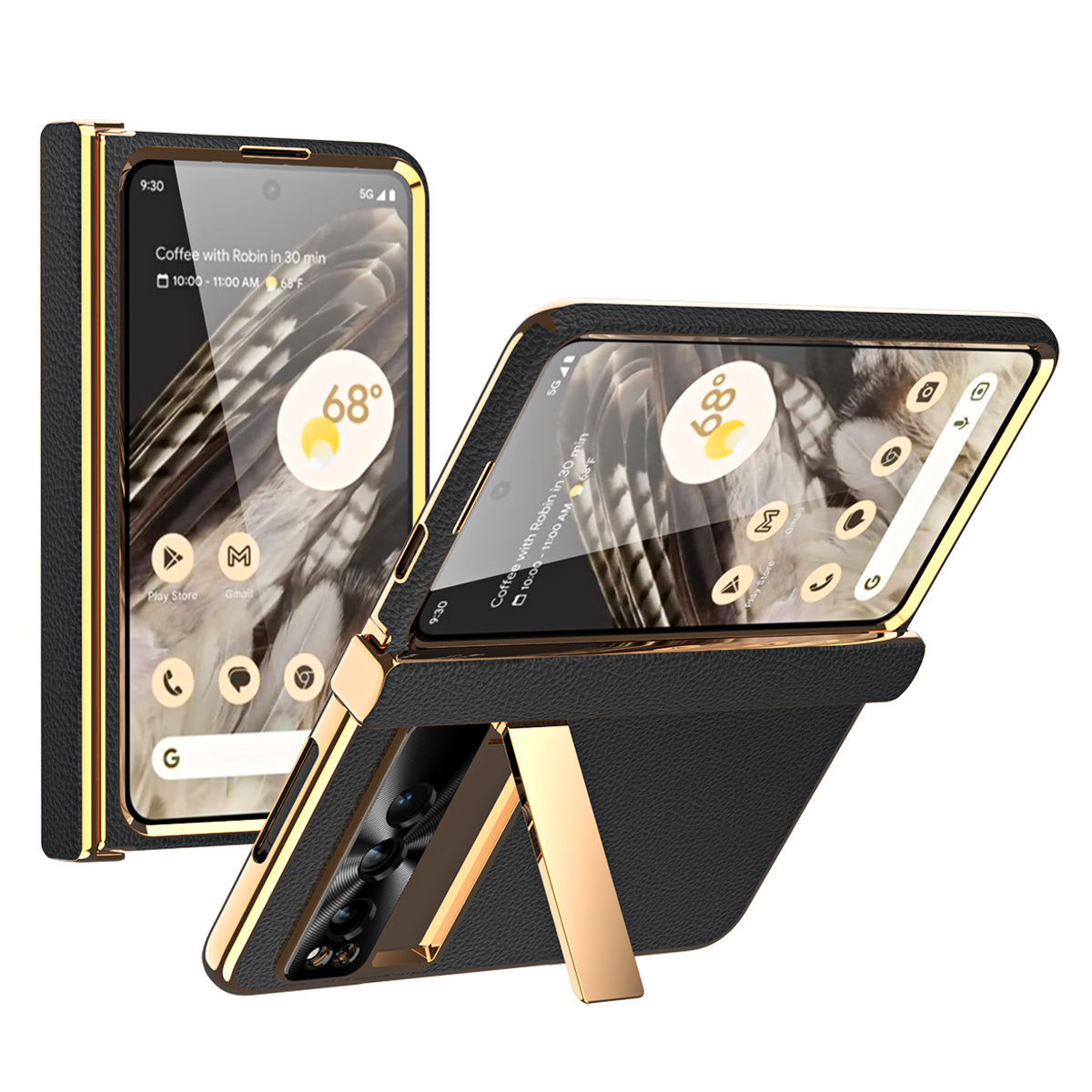 For Google Pixel Fold Litchi Texture Kickstand Phone Cover PU Leather+PC Magnetic Hinge Protection Case with Tempered Glass Screen Film