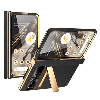 For Google Pixel Fold Litchi Texture Kickstand Phone Cover PU Leather+PC Magnetic Hinge Protection Case with Tempered Glass Screen Film