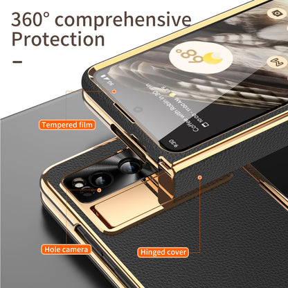 For Google Pixel Fold Litchi Texture Kickstand Phone Cover PU Leather+PC Magnetic Hinge Protection Case with Tempered Glass Screen Film