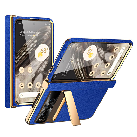 For Google Pixel Fold Litchi Texture Kickstand Phone Cover PU Leather+PC Magnetic Hinge Protection Case with Tempered Glass Screen Film
